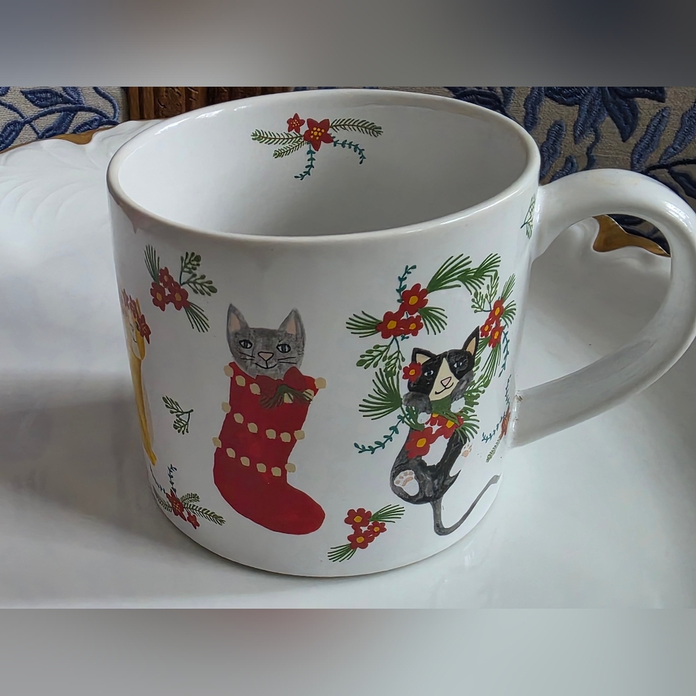 Festive Cat Mug with Red and Green Accents